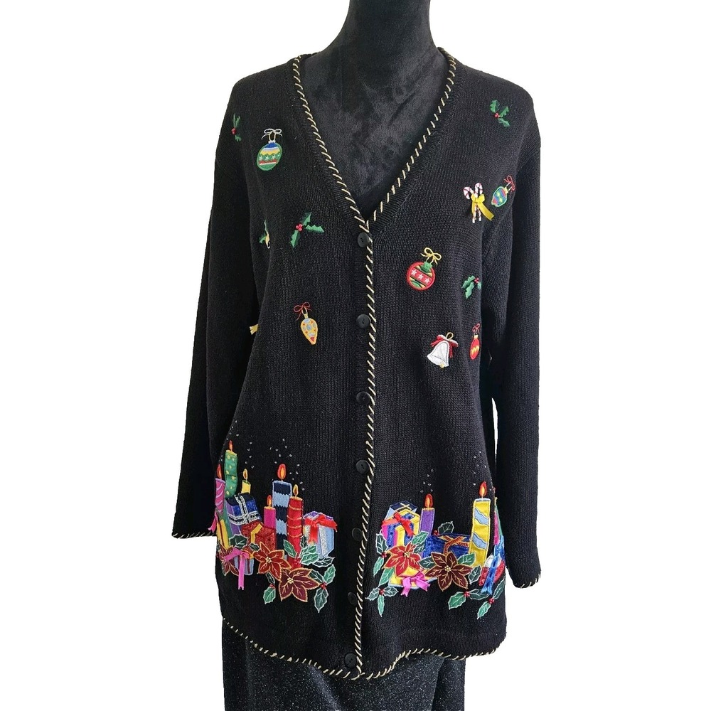 VTG QUACKER FACTORY Sz Med Christmas Cardigan Sweater Oversized Grandmacore